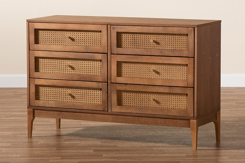 Nikita Mid-Century Modern Ash Walnut Finished Wood and Rattan 6-Drawer Dresser