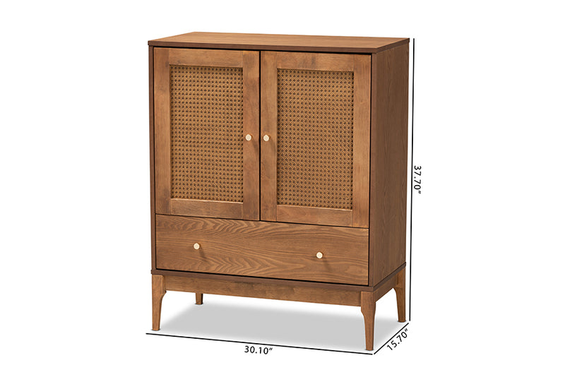 Nikita Mid-Century Modern Ash Walnut Finished Wood and Rattan 1-Drawer Sideboard