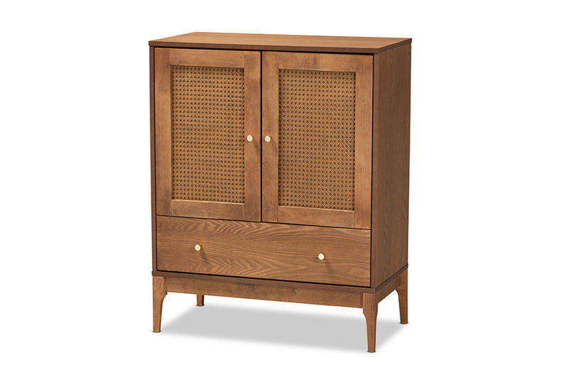 Nikita Mid-Century Modern Ash Walnut Finished Wood and Rattan 1-Drawer Sideboard