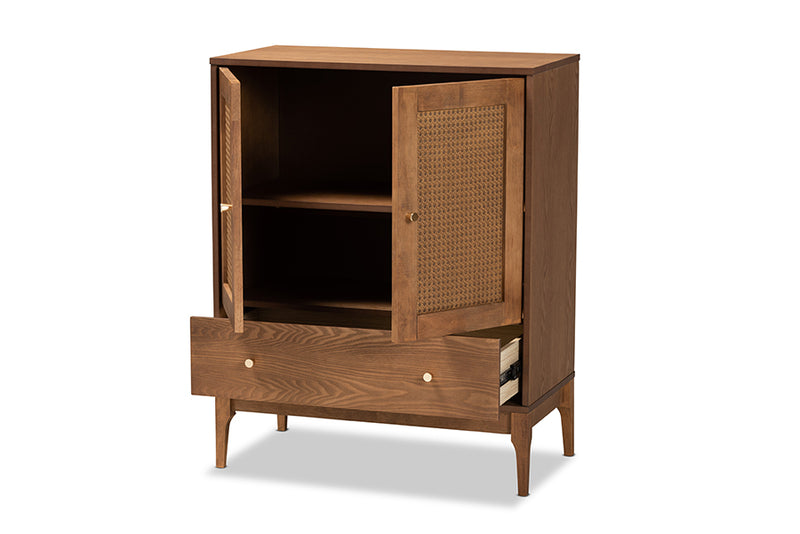 Nikita Mid-Century Modern Ash Walnut Finished Wood and Rattan 1-Drawer Sideboard