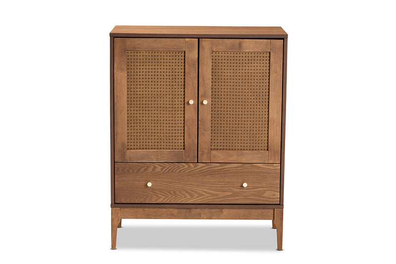 Nikita Mid-Century Modern Ash Walnut Finished Wood and Rattan 1-Drawer Sideboard