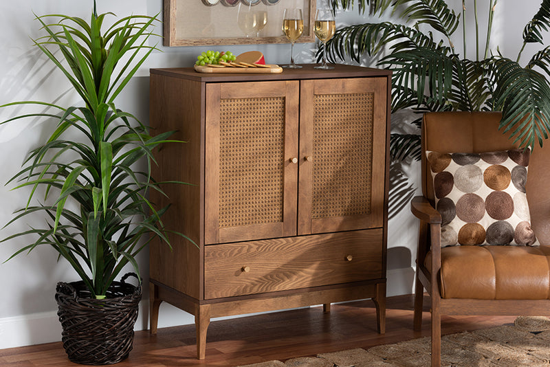 Nikita Mid-Century Modern Ash Walnut Finished Wood and Rattan 1-Drawer Sideboard