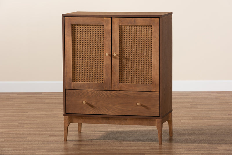 Nikita Mid-Century Modern Ash Walnut Finished Wood and Rattan 1-Drawer Sideboard