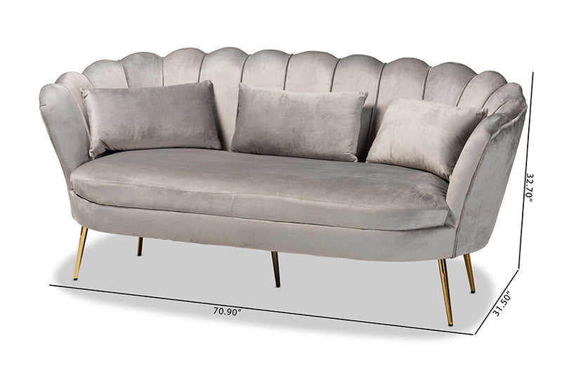 Jayden Contemporary Glam and Luxe Gray Velvet Fabric Upholstered and Gold Metal Sofa