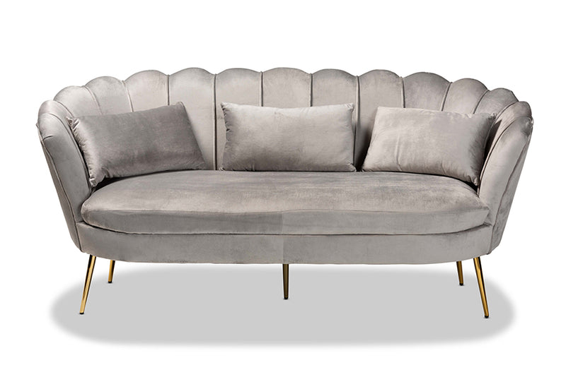 Jayden Contemporary Glam and Luxe Gray Velvet Fabric Upholstered and Gold Metal Sofa