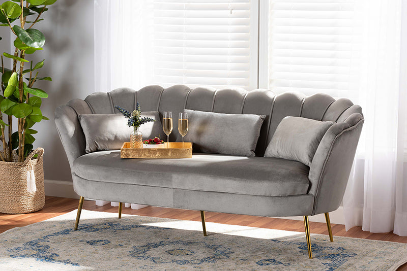 Jayden Contemporary Glam and Luxe Gray Velvet Fabric Upholstered and Gold Metal Sofa