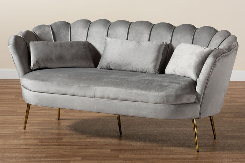 Jayden Contemporary Glam and Luxe Gray Velvet Fabric Upholstered and Gold Metal Sofa