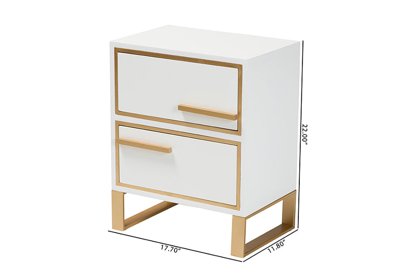 Grayson Contemporary Glam and Luxe White Finished Wood and Gold Metal 2-Drawer End Table