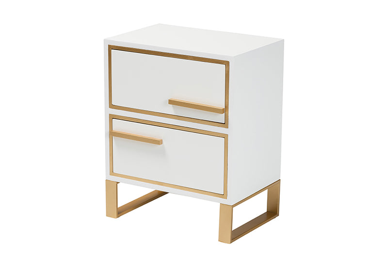 Grayson Contemporary Glam and Luxe White Finished Wood and Gold Metal 2-Drawer End Table