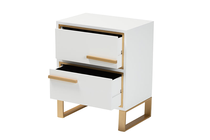 Grayson Contemporary Glam and Luxe White Finished Wood and Gold Metal 2-Drawer End Table