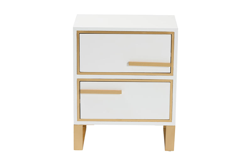 Grayson Contemporary Glam and Luxe White Finished Wood and Gold Metal 2-Drawer End Table