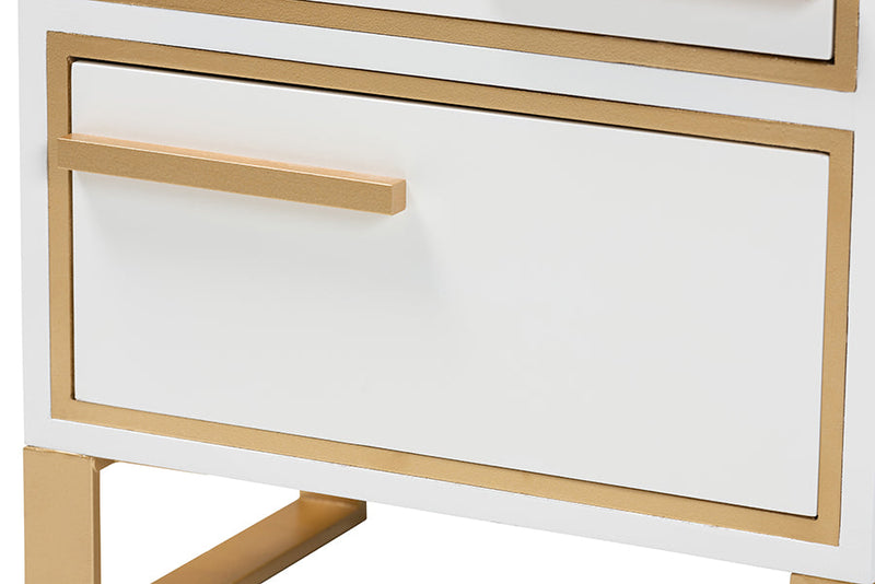 Grayson White and Gold Metal 2-Drawer End Table Baxton