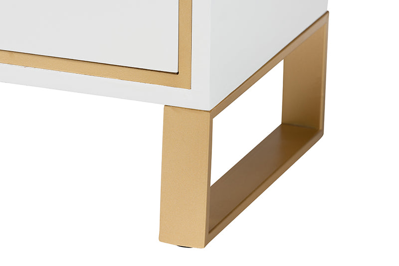 Grayson Contemporary Glam and Luxe White Finished Wood and Gold Metal 2-Drawer End Table