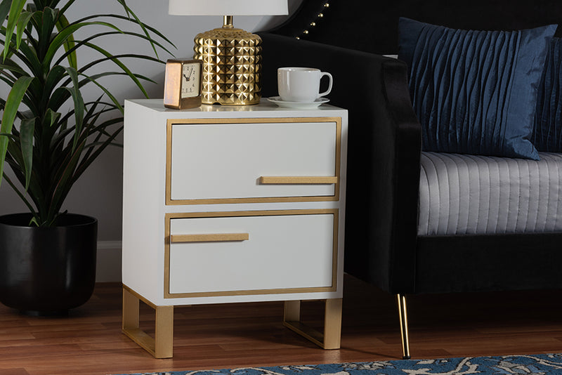 Grayson Contemporary Glam and Luxe White Finished Wood and Gold Metal 2-Drawer End Table