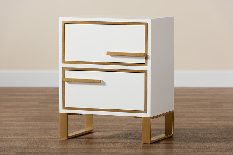 Grayson Contemporary Glam and Luxe White Finished Wood and Gold Metal 2-Drawer End Table