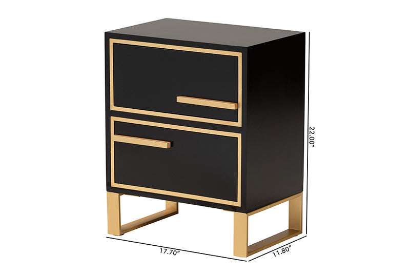 Grayson Contemporary Glam and Luxe Black Finished Wood and Gold Metal 2-Drawer End Table