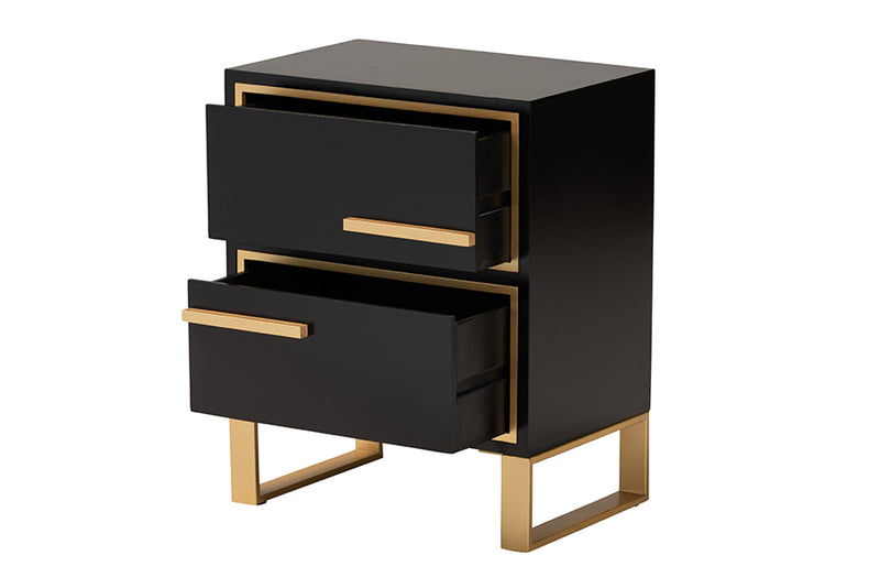 Grayson Contemporary Glam and Luxe Black Finished Wood and Gold Metal 2-Drawer End Table