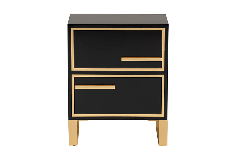 Grayson Contemporary Glam and Luxe Black Finished Wood and Gold Metal 2-Drawer End Table