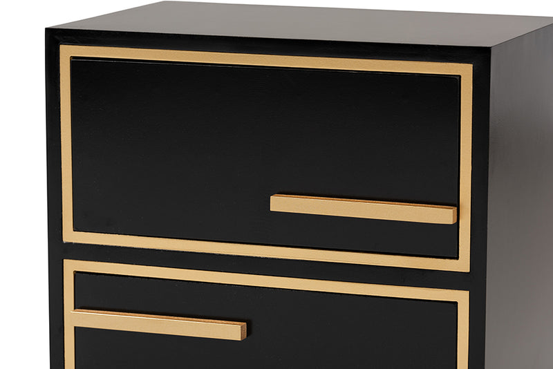 Grayson Contemporary Glam and Luxe Black Finished Wood and Gold Metal 2-Drawer End Table