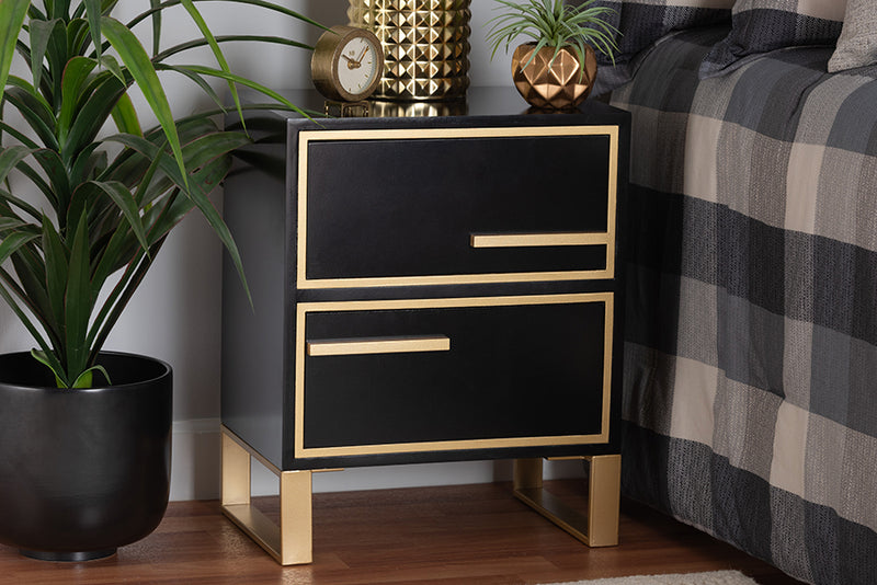 Grayson Contemporary Glam and Luxe Black Finished Wood and Gold Metal 2-Drawer End Table