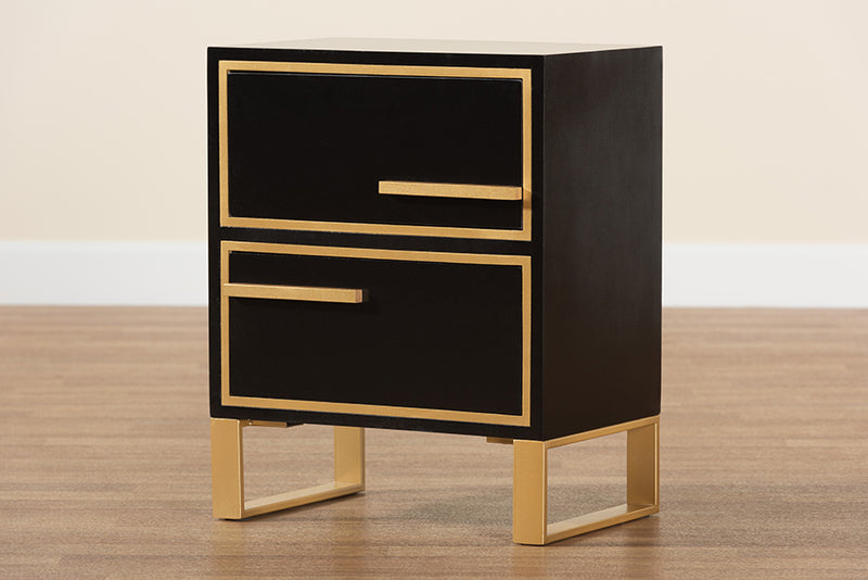 Grayson Contemporary Glam and Luxe Black Finished Wood and Gold Metal 2-Drawer End Table