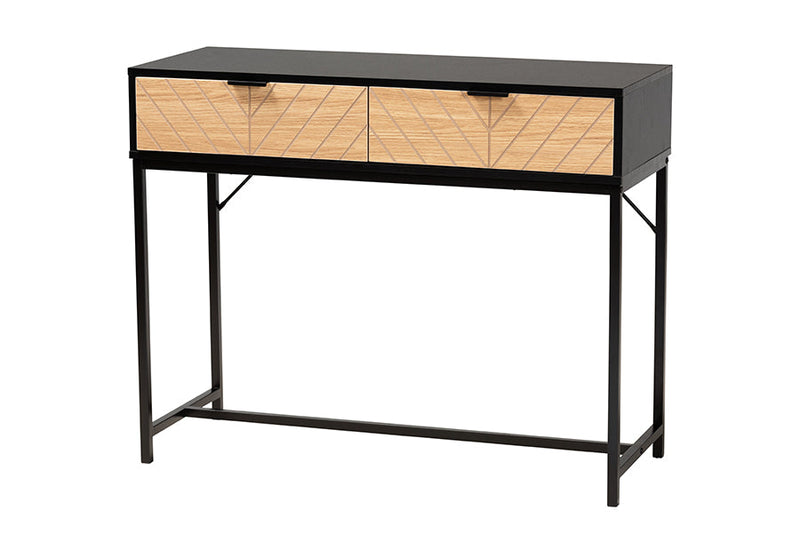 Marconi Two-Tone Black and Natural Brown and Black Metal 2-Drawer Console Table Baxton