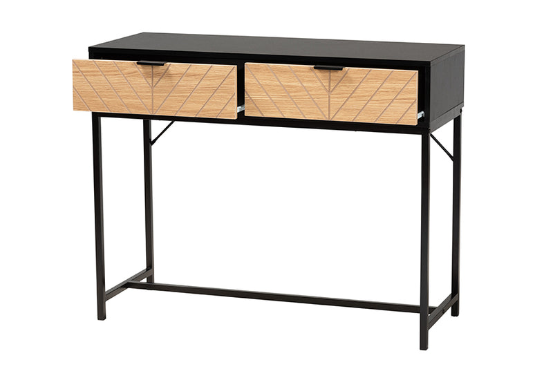 Marconi Modern Industrial Two-Tone Black and Natural Brown Finished Wood and Black Metal 2-Drawer Console Table