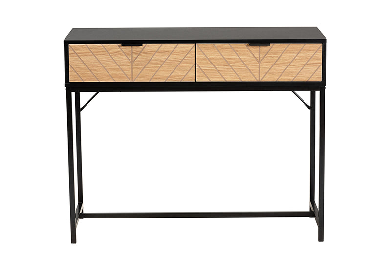 Marconi Modern Industrial Two-Tone Black and Natural Brown Finished Wood and Black Metal 2-Drawer Console Table