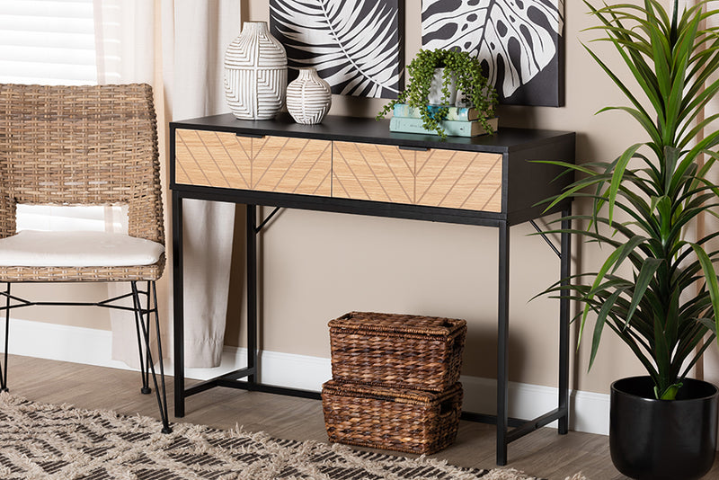 Marconi Modern Industrial Two-Tone Black and Natural Brown Finished Wood and Black Metal 2-Drawer Console Table