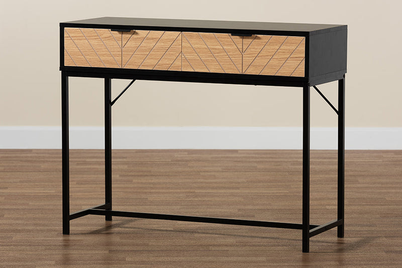 Marconi Two-Tone Black and Natural Brown and Black Metal 2-Drawer Console Table Baxton