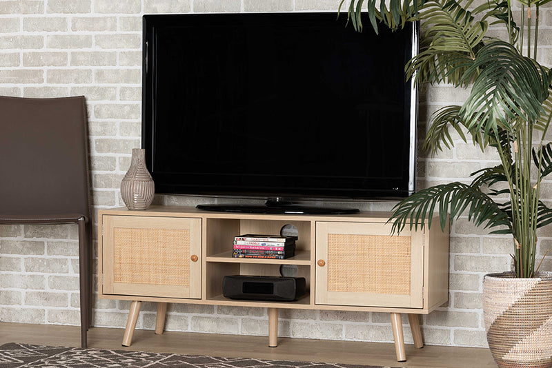 Emlyn Mid-Century Modern Light Brown Finished Wood 2-Door TV Stand w/Natural Rattan