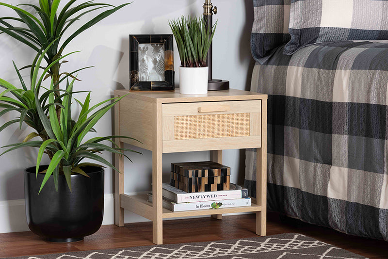 Emlyn Mid-Century Modern Light Brown Finished Wood 1-Drawer End Table w/Natural Rattan