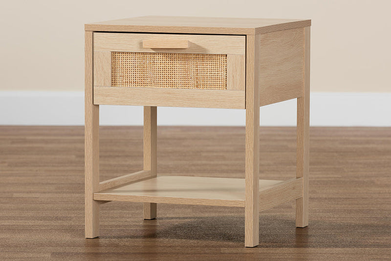 Emlyn Light Brown 1-Drawer End Table w/Natural Rattan Baxton