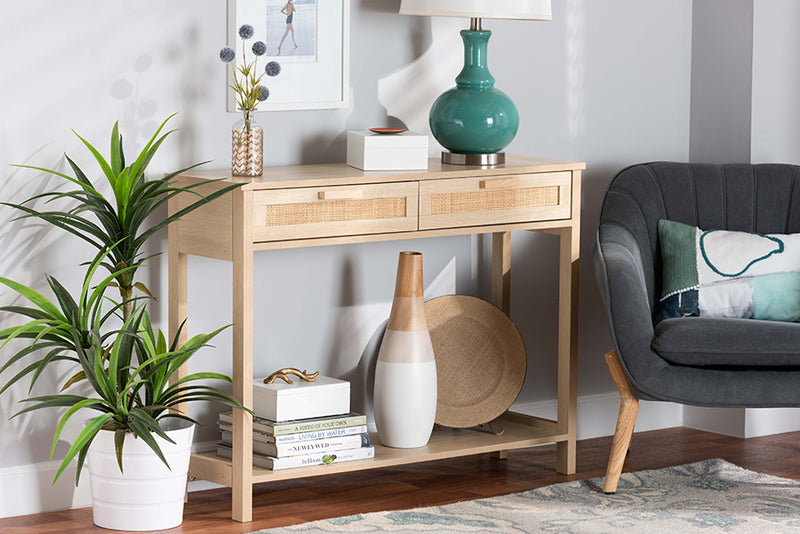 Emlyn Mid-Century Modern Light Brown Finished Wood 2-Drawer Console Table w/Natural Rattan