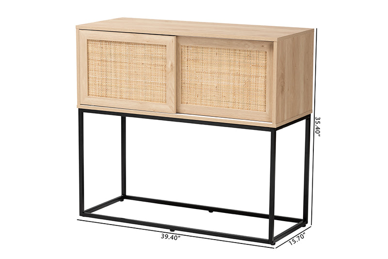 Cagney Mid-Century Natural Brown Finished Wood and Natural Rattan Sideboard Buffet