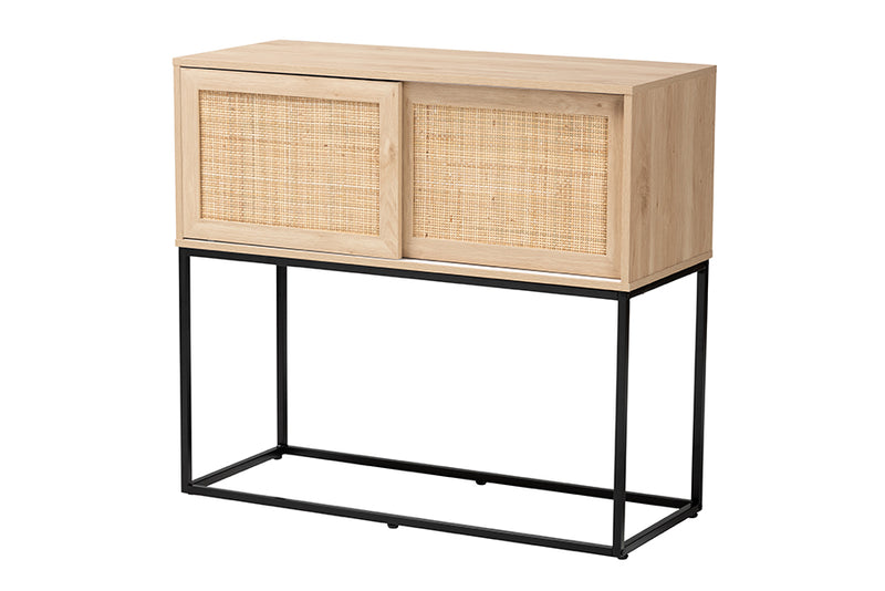 Cagney Mid-Century Natural Brown Finished Wood and Natural Rattan Sideboard Buffet