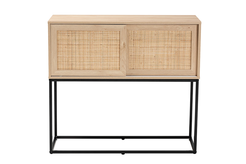 Cagney Mid-Century Natural Brown Finished Wood and Natural Rattan Sideboard Buffet