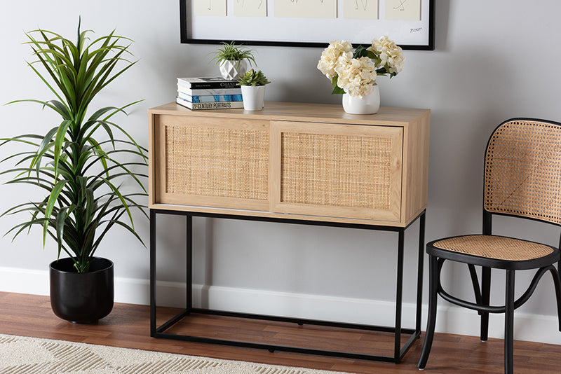 Cagney Mid-Century Natural Brown Finished Wood and Natural Rattan Sideboard Buffet