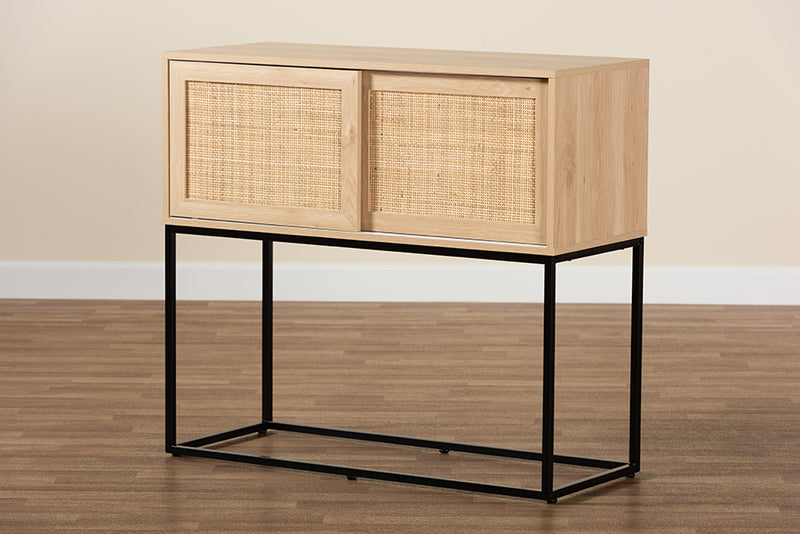 Cagney Mid-Century Natural Brown Finished Wood and Natural Rattan Sideboard Buffet