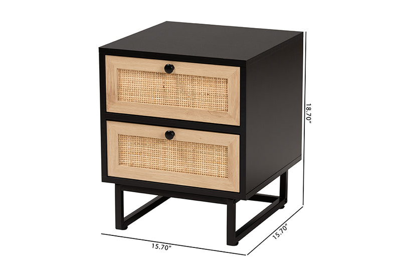 Leonie Mid-Century Modern Espresso Brown Finished Wood and Natural Rattan 2-Drawer End Table