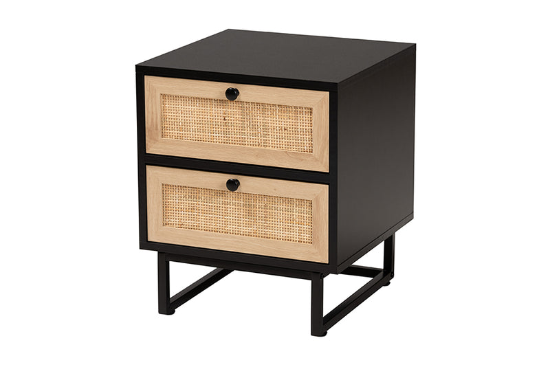 Leonie Mid-Century Modern Espresso Brown Finished Wood and Natural Rattan 2-Drawer End Table