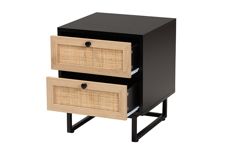 Leonie Mid-Century Modern Espresso Brown Finished Wood and Natural Rattan 2-Drawer End Table