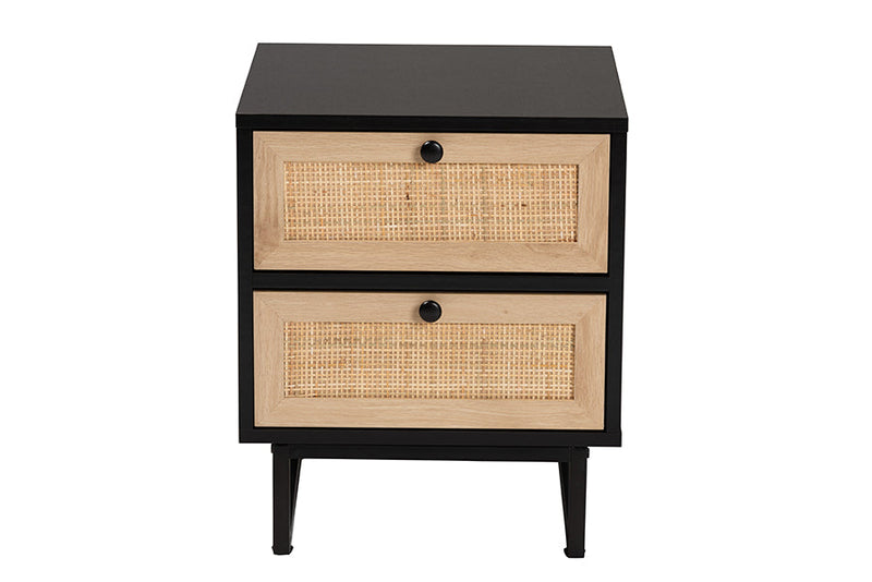 Leonie Espresso Brown and Natural Rattan 2-Drawer End Table Baxton