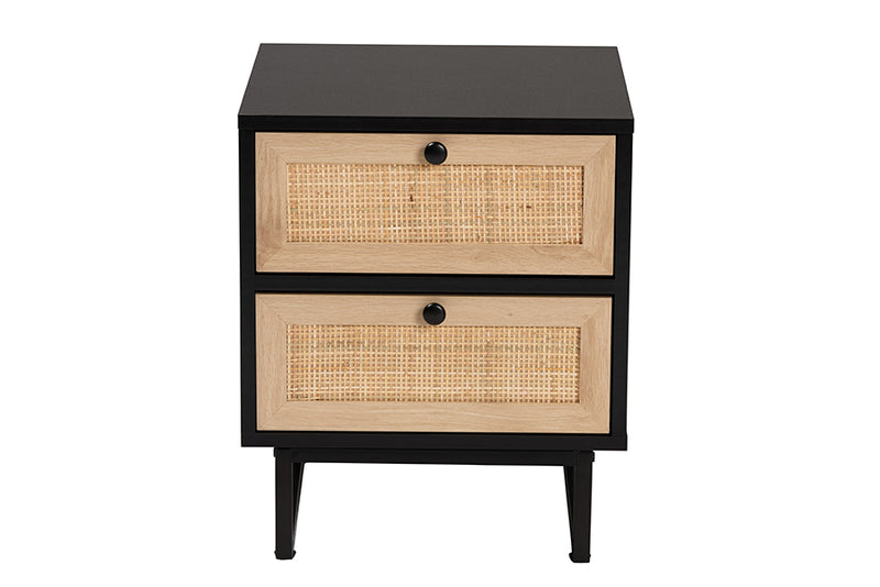 Leonie Mid-Century Modern Espresso Brown Finished Wood and Natural Rattan 2-Drawer End Table