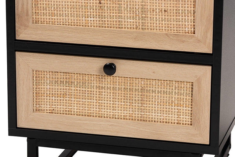 Leonie Espresso Brown and Natural Rattan 2-Drawer End Table Baxton