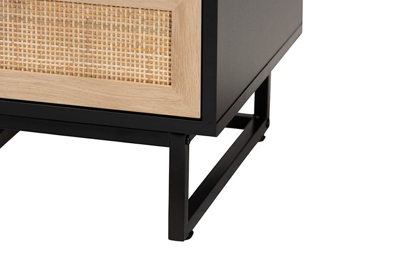 Leonie Mid-Century Modern Espresso Brown Finished Wood and Natural Rattan 2-Drawer End Table