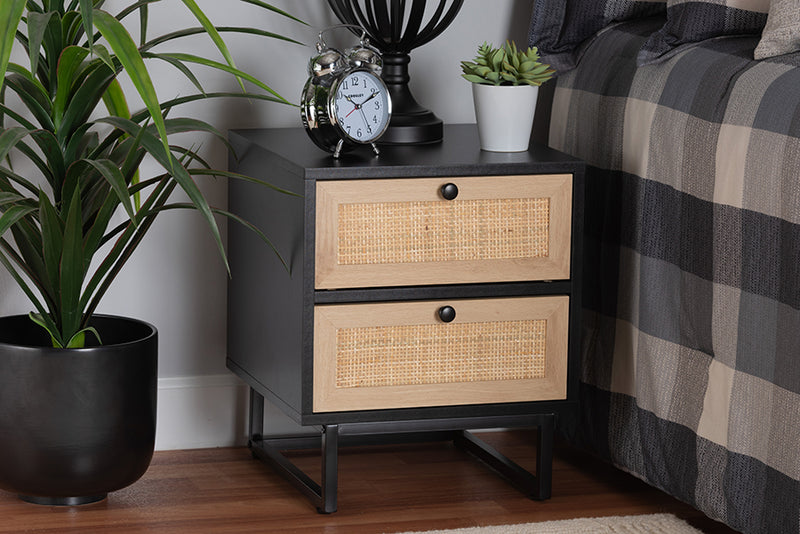 Leonie Mid-Century Modern Espresso Brown Finished Wood and Natural Rattan 2-Drawer End Table