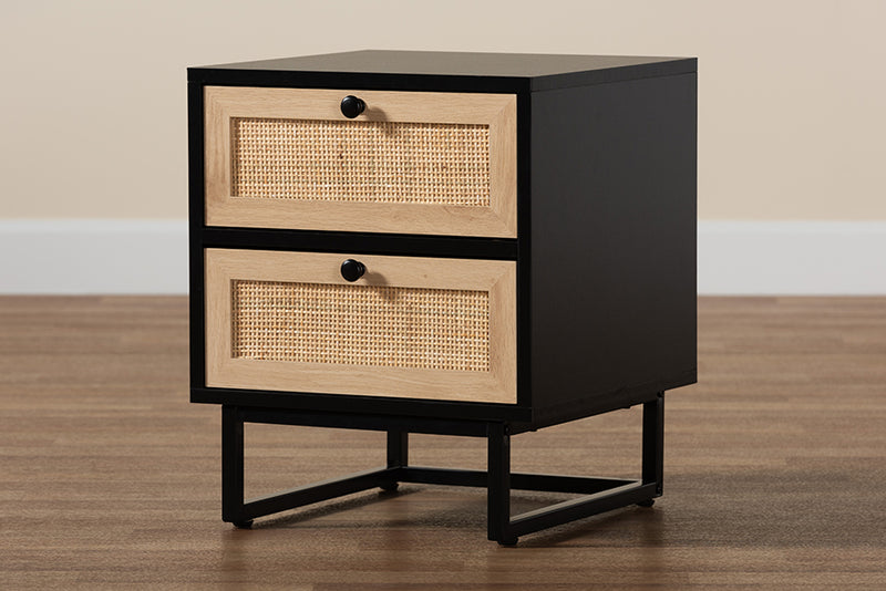 Leonie Mid-Century Modern Espresso Brown Finished Wood and Natural Rattan 2-Drawer End Table