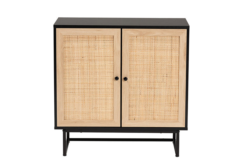 Leonie Espresso Brown and Natural Rattan 2-Door Storage Cabinet Baxton