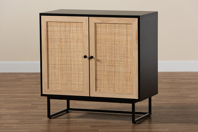 Leonie Espresso Brown and Natural Rattan 2-Door Storage Cabinet Baxton